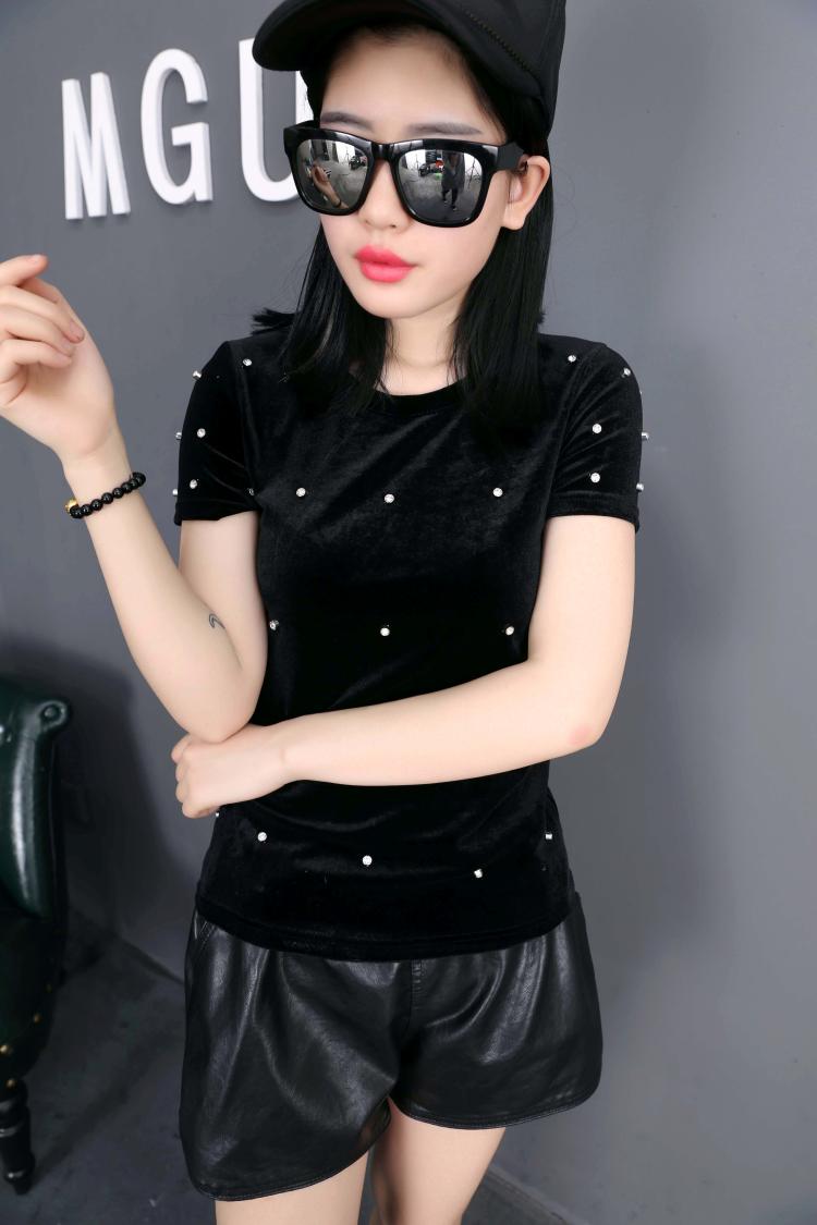 2021秋冬季新款韩版金丝绒镶钻半袖圆领短款打底T恤女装潮