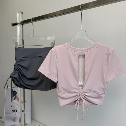 镂空美背跑步套装女夏带胸垫防震晨跑服羽毛球训练骑行运动健身衣