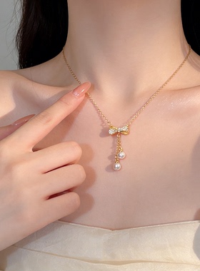 蝶结珠落～温柔风蝴蝶结项链 超仙珍珠水滴锁骨链 小众精致颈饰