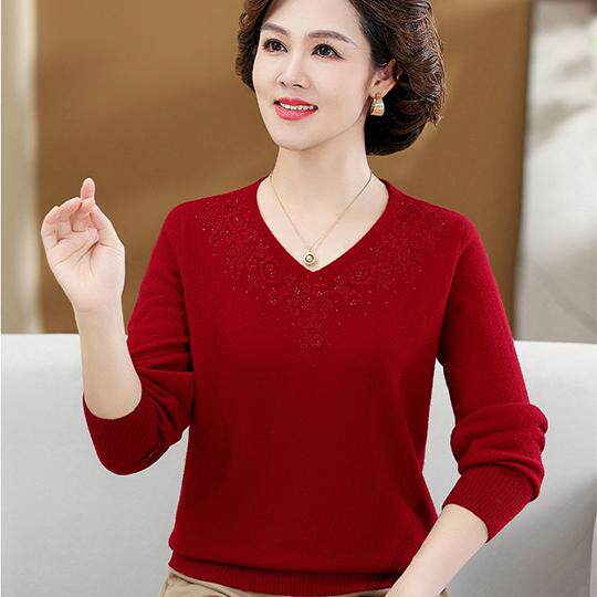 妈妈款100%纯羊绒中老年女士宽松大码毛衣打底套头秋冬奶奶羊毛衫