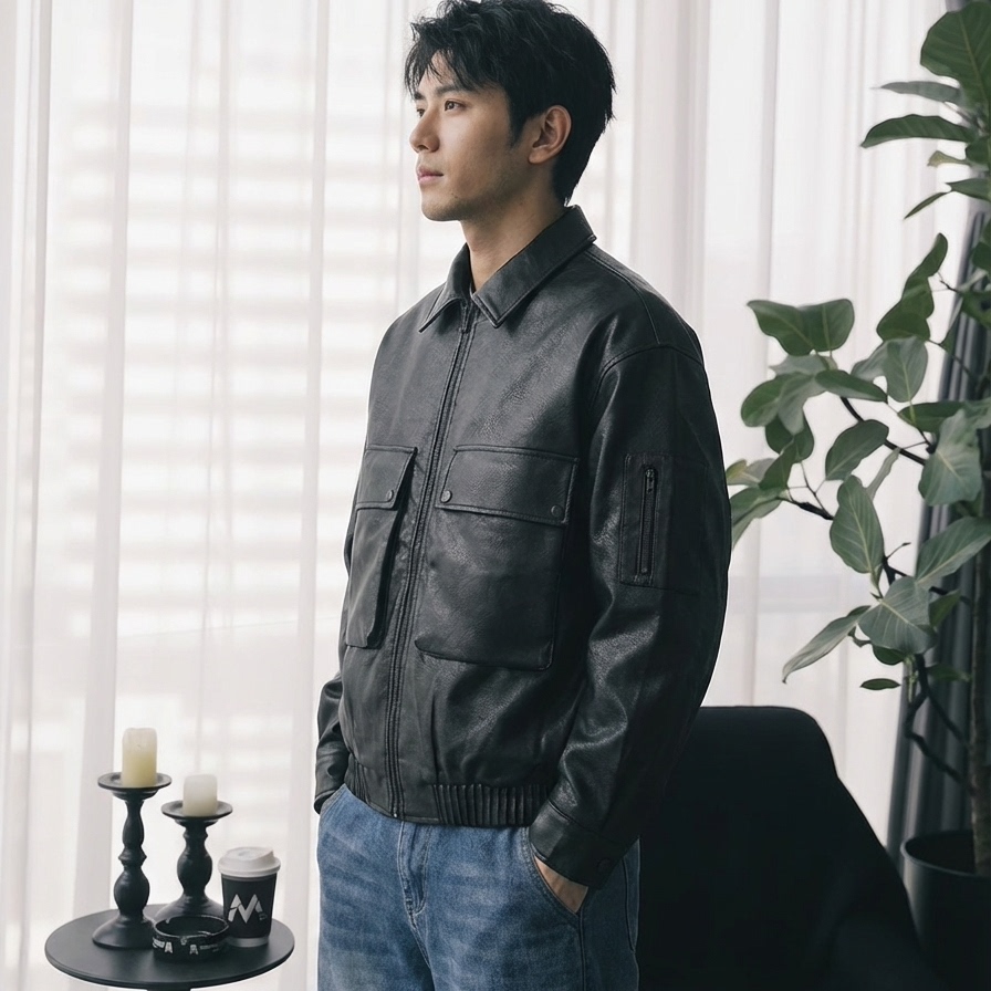 冬季PU皮翻领短款加厚羽绒服男