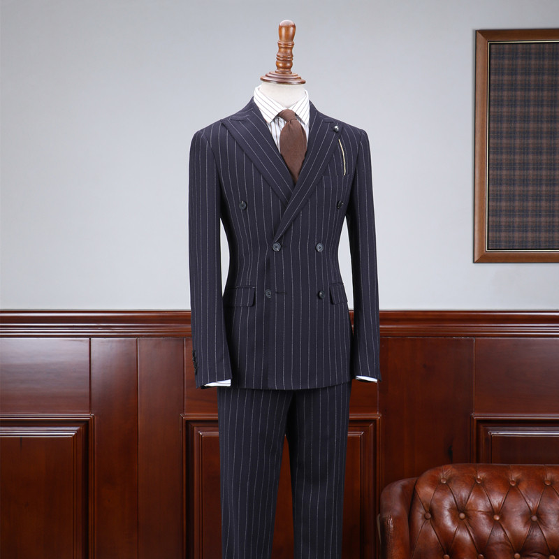ISIRHONOUR BRITISH VINTAGE NAVY BLUE VERTICAL STRIPES SLIM DOUBLE-BREASTED SUIT LAPEL LAPEL SUIT MEN