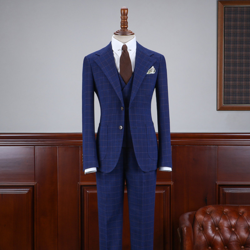 ISIRHONOUR HAUTE COUTURE NAPLES BRITISH VINTAGE BLUE PLAID SUIT THREE-PIECE MENS SUIT TREND