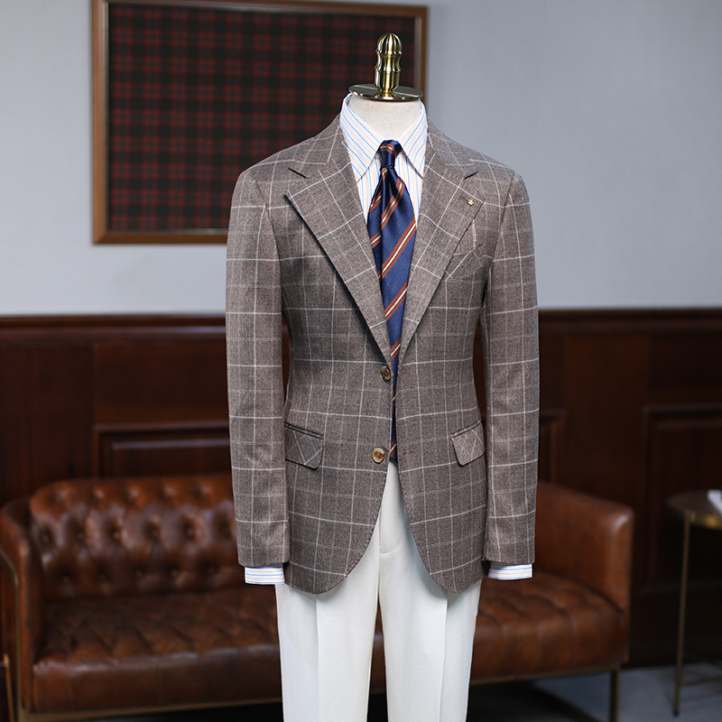 isirhonour意式复古英伦风浅棕色大格子修身西装男宽驳头欧美西服