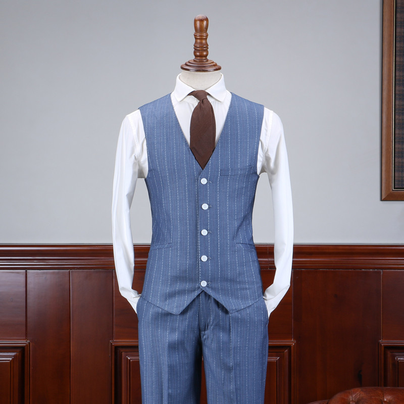 ISIRHONOUR EUROPEAN AND AMERICAN FASHION BLUE VERTICAL STRIPE SLIM FIT MENS SUIT BRITISH RETRO SUIT THREE-PIECE SUIT