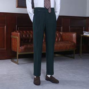 男 调节袢巴黎扣休闲裤 IsirHonour双扣高腰墨绿橘红色修身 卷边西裤