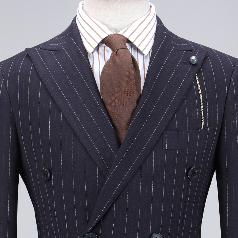 ISIRHONOUR BRITISH VINTAGE NAVY BLUE VERTICAL STRIPES SLIM DOUBLE-BREASTED SUIT LAPEL LAPEL SUIT MEN