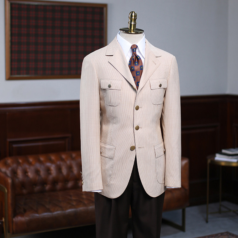 isirhonour秋85精纺羊毛真丝麻条纹金扣布雷泽猎装修身西装男西服