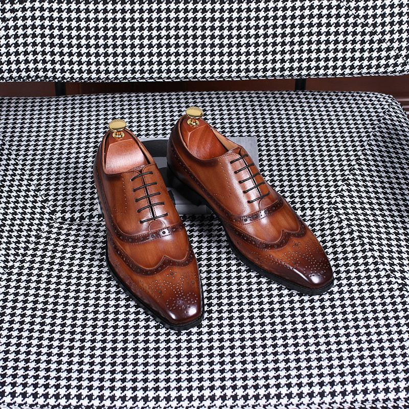 ISIRHONOUR ITALIAN STYLE BRITISH COWHIDE BROGUE CARVED MENS SQUARE TOE BUSINESS WEDDING SHOES FORMAL LEATHER SHOES