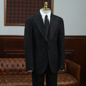 IsirHonour意式 商务宴会主持人戗驳领黑色亮片西装 男演出西服礼服