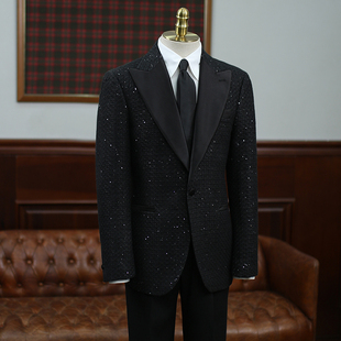 IsirHonour意式商务宴会主持人戗驳领黑色亮片西装男演出西服礼服