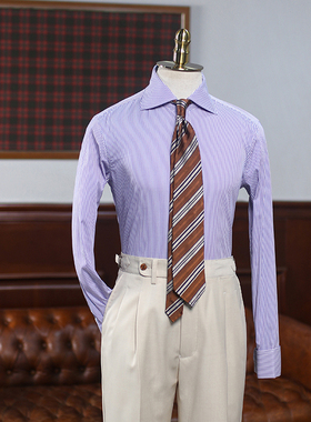IsirHonour绅士大八字领紫色蓝色条纹法扣修身衬衫男英伦长袖衬衣