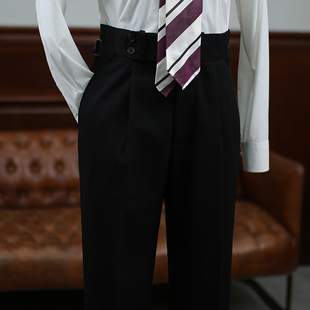 男英伦复古黑色精纺羊毛长裤 IsirHonour意式 那不勒斯高腰直筒西裤