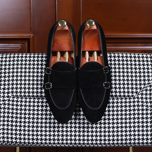 IsirHonour英伦休闲反绒磨砂皮牛皮乐福鞋一脚蹬双扣僧侣孟克鞋男