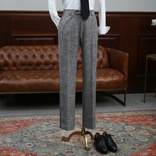 IsirHonour英伦复古潮时尚亲王格子织带拼接男修身西裤休闲长裤子