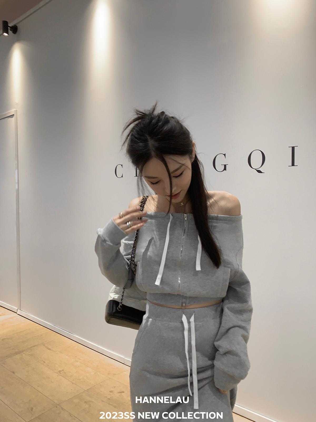 HANNELAU 超好穿 两穿露肩卫衣套装女夏心机上衣+开叉半裙两件套