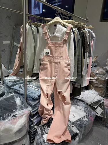 MIDO家 韩国东大门2026夏粉色做旧口袋破洞乞丐风时尚牛仔背带裤