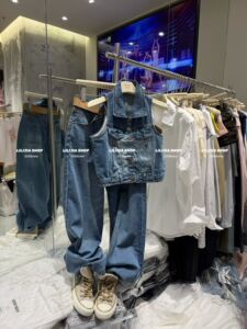 MIDO家 韩版时尚百搭宽松显瘦翻领无袖牛仔背心+牛仔裤配腰带套装