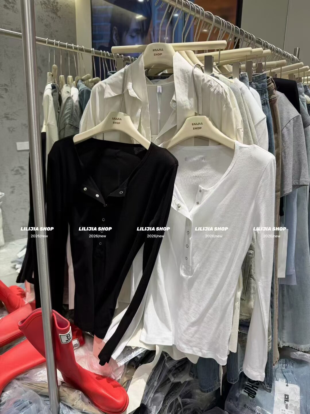 MIDO家 2026新款韩版时尚百搭显瘦圆领宽松休闲风开扣长袖T恤女