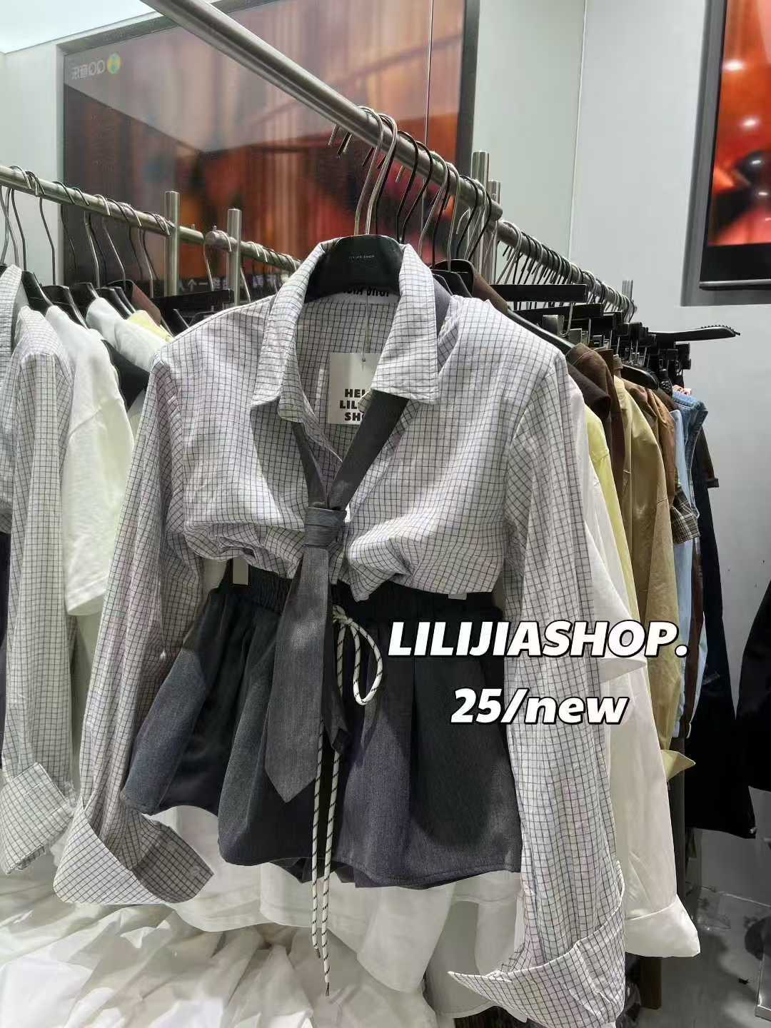 MIDO家 2025秋新款韩版时尚百搭显瘦领带格子衬衫女抽绳半裙套装