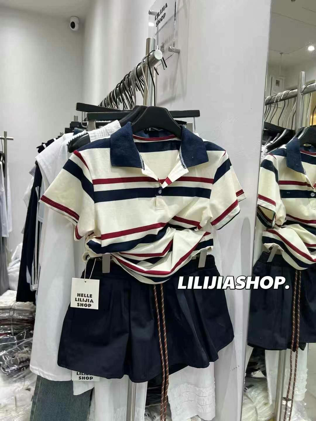 MIDO家 2025夏季新款韩版时尚百搭条纹polo领短袖T恤女设计感上衣