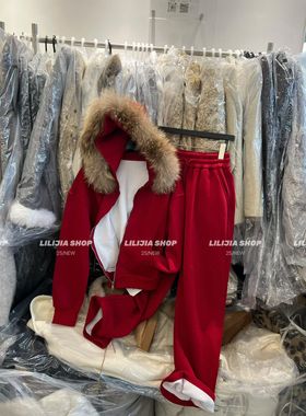 MIDO家 高级感加绒红色毛领连帽卫衣套装女25冬新款阔腿裤两件套