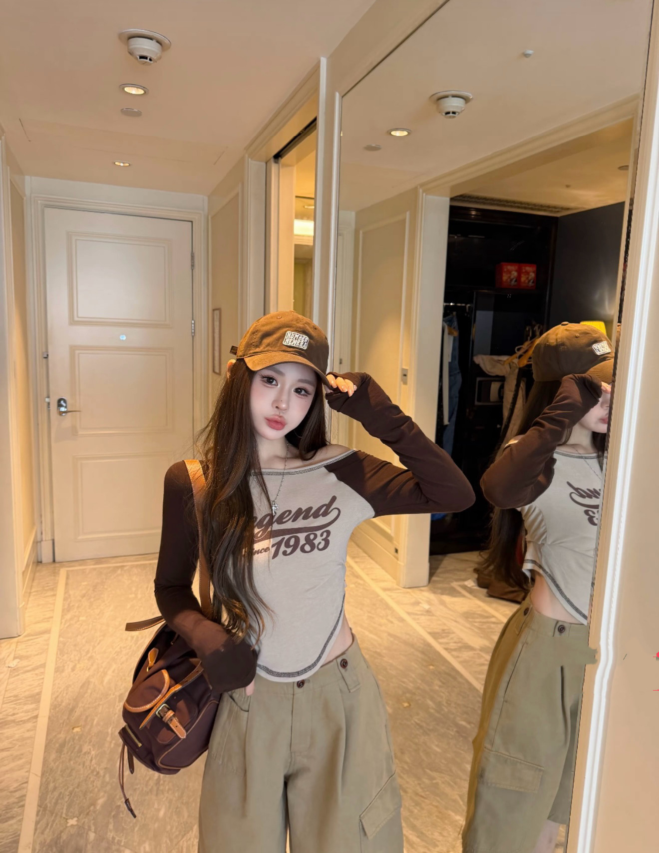 MIDO家 2026秋新款美式撞色一字肩长袖T恤女甜酷辣妹印花打底上衣