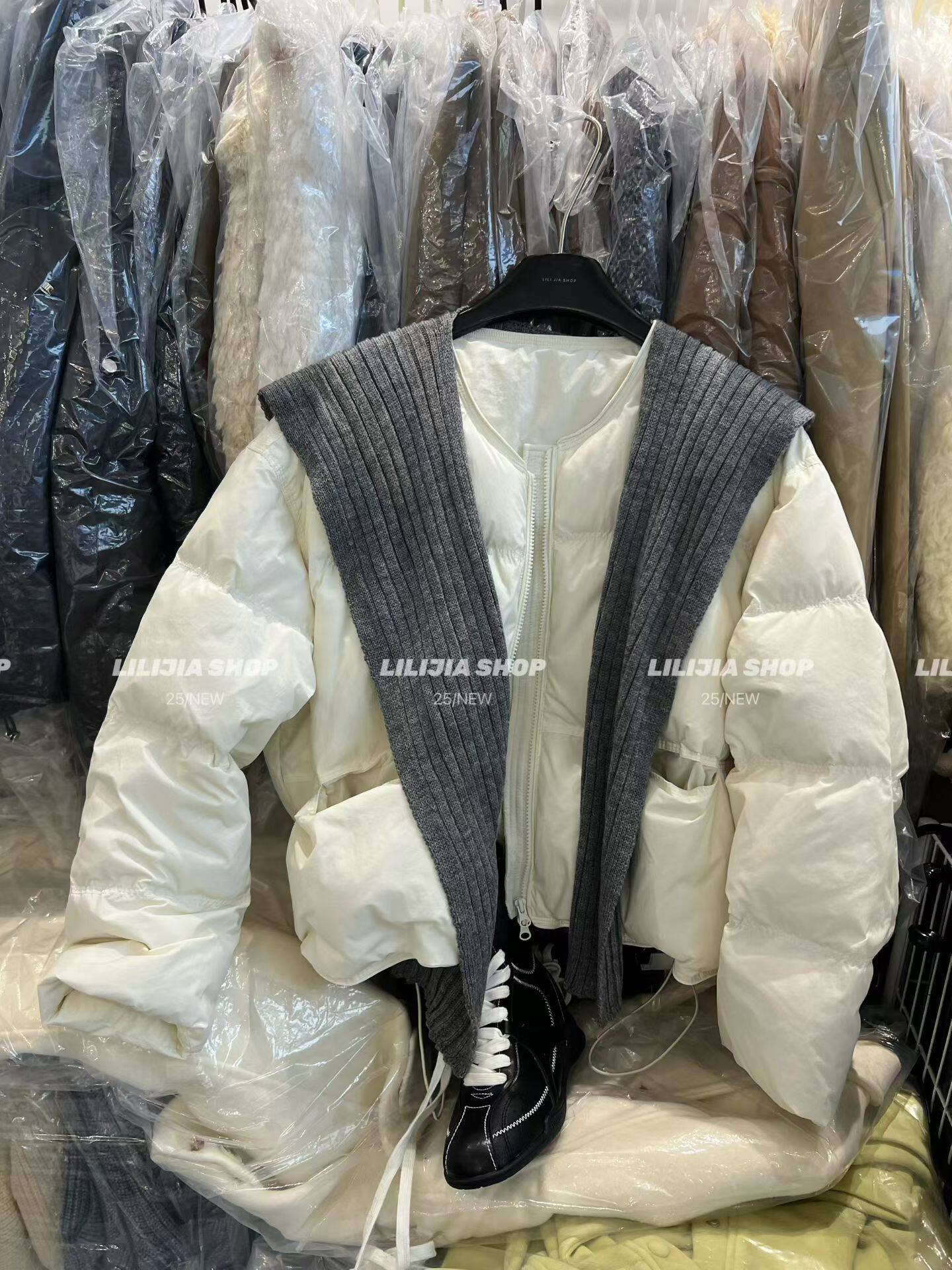 MIDO家 2025冬新款韩版时尚百搭宽松显瘦针织披肩羽绒服外套
