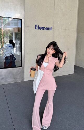 MIDO家 韩版百搭拉链小立领修身开衫+背心+屁帘喇叭裤三件套套装