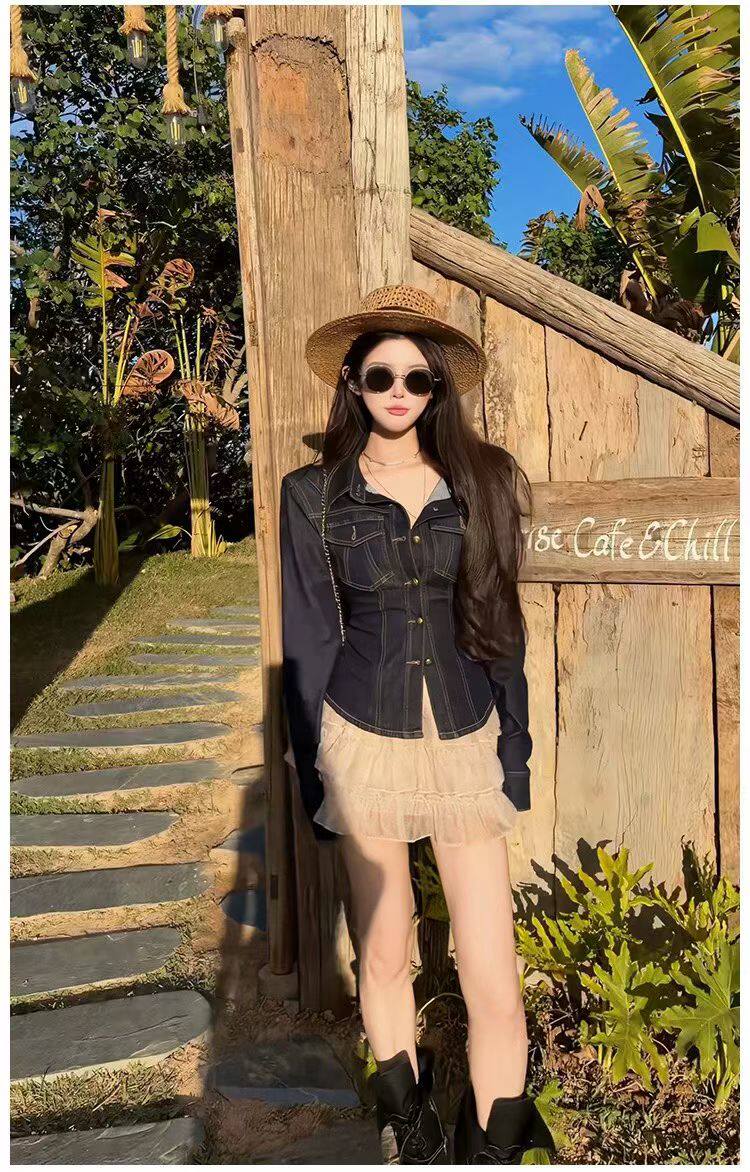 MIDO家 收腰牛仔衬衫女春秋2026新款短款复古长袖夹克外套上衣