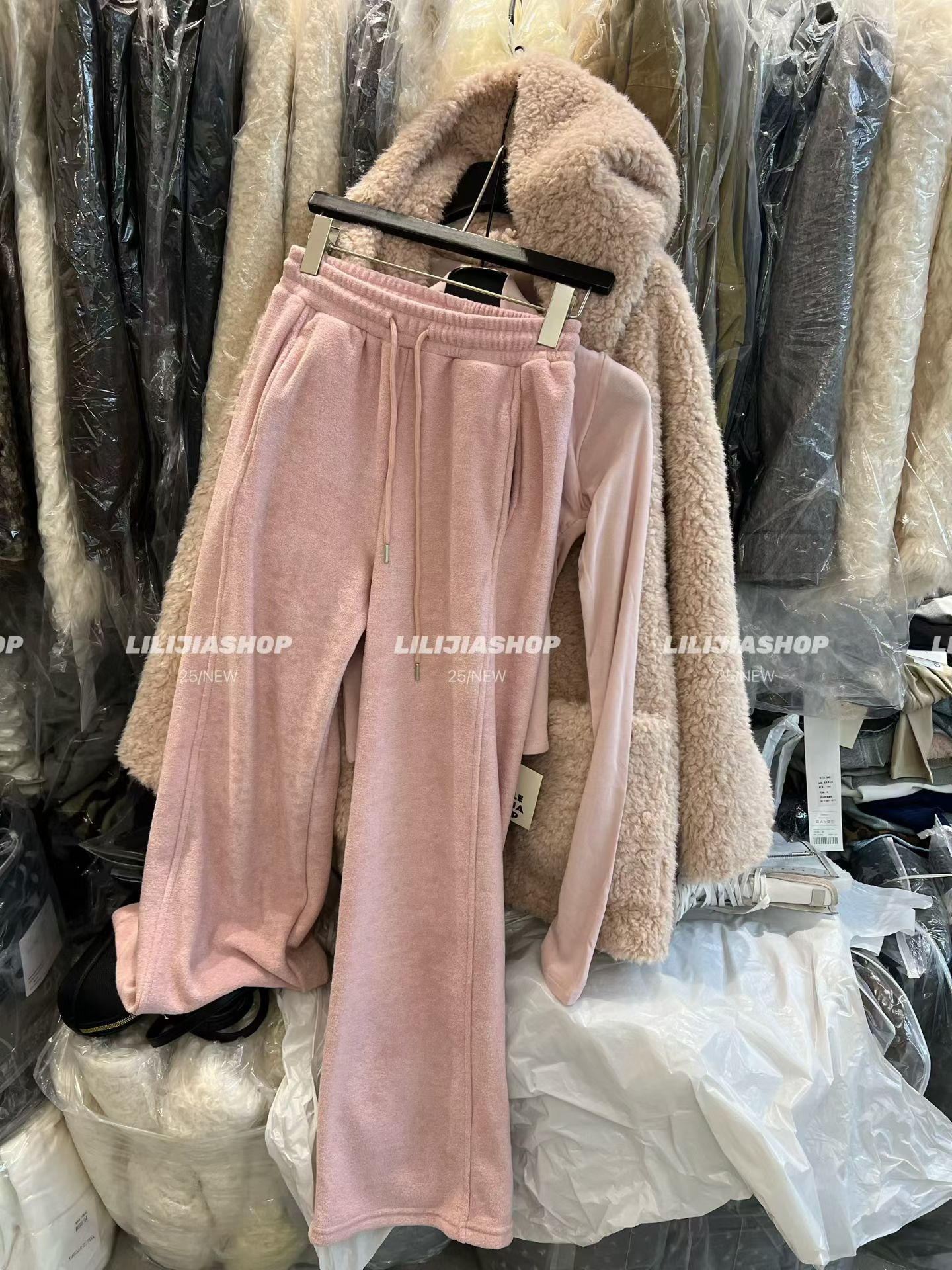 MIDO家 甜美风纯色加绒软糯高腰休闲裤女2025秋冬季宽松毛巾裤