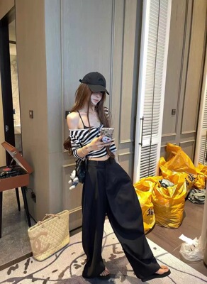 MIDO家 2026新款韩版时尚百搭显瘦气质条纹上衣+高腰阔腿裤套装