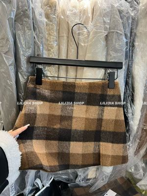 MIDO家 2025冬韩版设计感加厚羊毛格子高腰显瘦A字裙前开叉半身裙