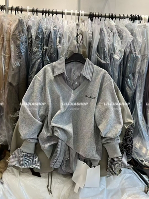 MIDO家 美式复古灰色V领卫衣女秋季2025新款加绒慵懒风宽松上衣