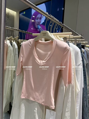 MIDO家 2026新款韩版时尚百搭显瘦V领短袖T恤女修身显瘦上衣