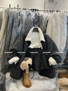 MIDO家 羊羔毛条纹外套+短裤两件套女2025冬季休闲加绒加厚套装