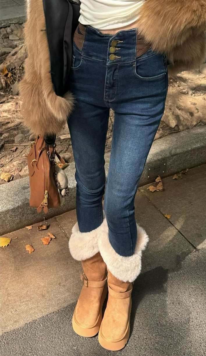 MIDO家 2025秋冬新款韩版时尚百搭三颗扣显瘦加绒高腰牛仔裤女,女装/女士精品,牛仔裤,淘宝优惠券,粉丝福利购,淘宝优惠卷