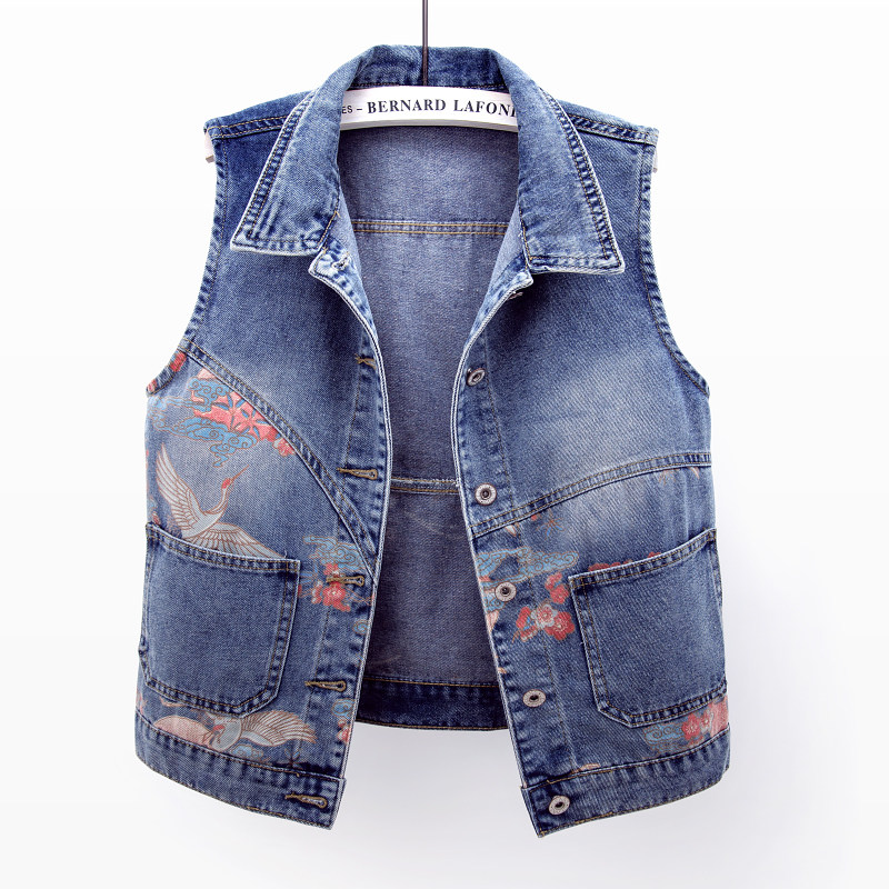 2025春装新款牛仔马甲女短款百搭修身显瘦印花无袖背心开衫上衣潮