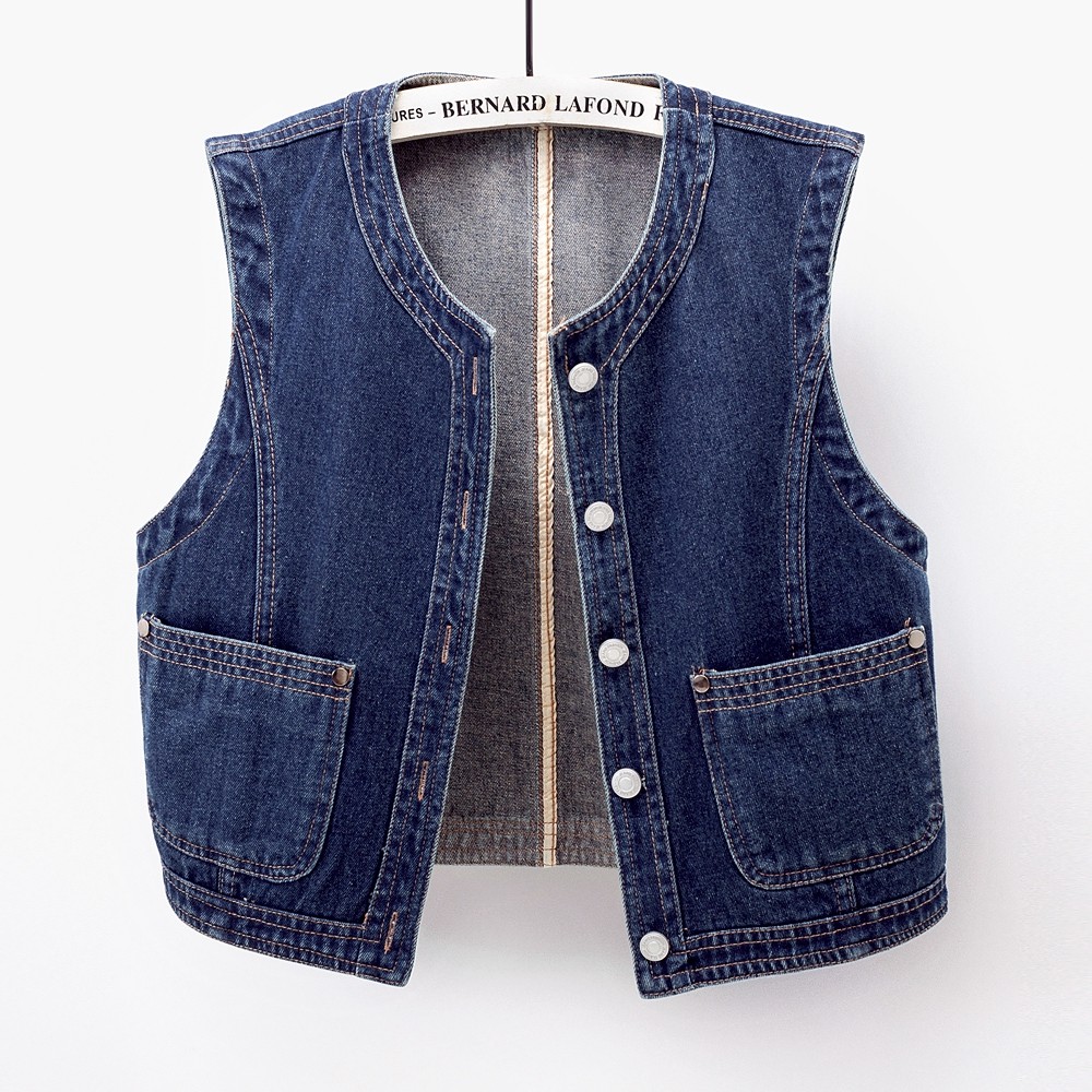 2025春夏新款牛仔马甲女短款百搭修身圆领无袖夹克开衫口袋上衣潮,女装/女士精品,马夹,淘宝优惠券,粉丝福利购,淘宝优惠卷