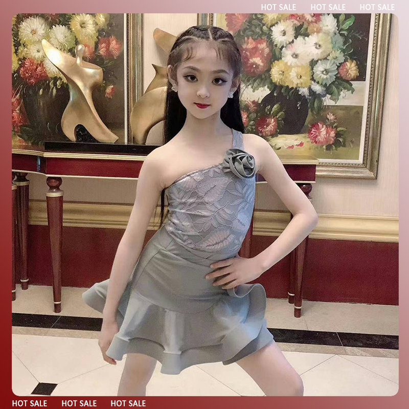 夏季新款儿童拉丁舞蹈服女童练习练功服网红斜肩表演演出拉丁服
