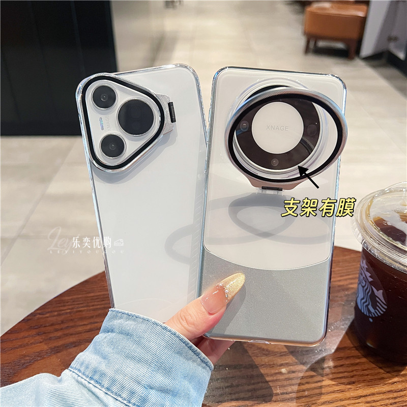 适用华为pura70手机壳透明mate60pro+外壳新款高级金属隐藏镜头支架超薄全包防摔pura80ultra保护套magic7壳