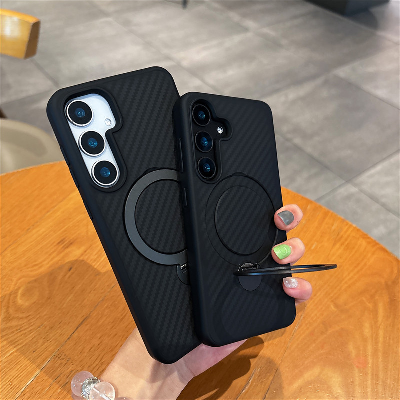 适用三星s25手机壳s25ultra碳纤维纹磁吸支架s25Plus新款凯夫拉纹s24+旋转支架s24ultra创意全包防摔保护套