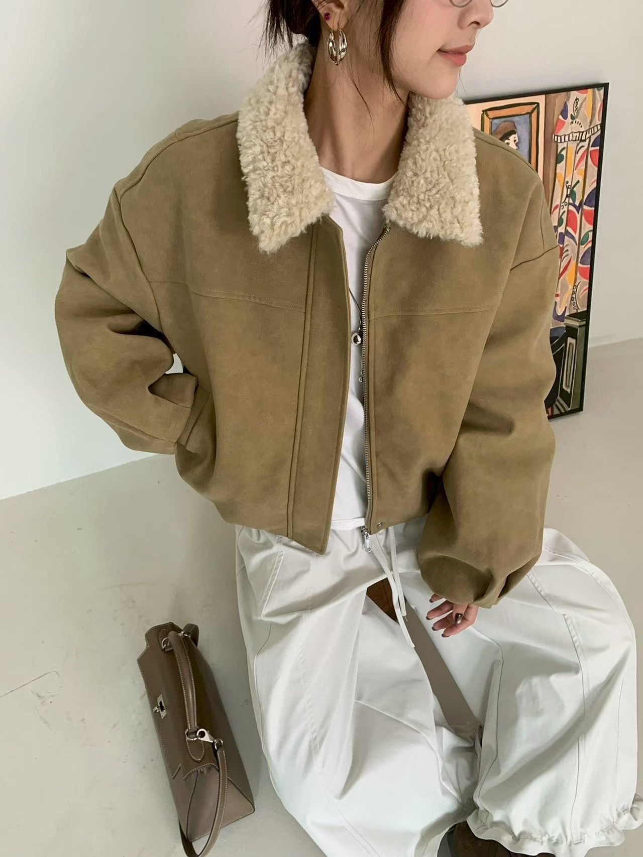 韩版设计感羊羔毛翻领显瘦拉链羽绒服女冬季短款麂皮绒羽绒外套潮