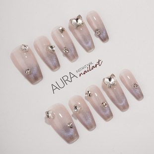 AuraNail【朦胧紫月】纯手工穿戴甲2026中长款高级感法式紫色猫眼
