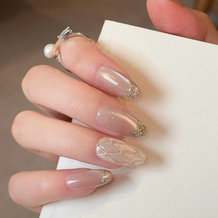 法式 纯手工穿戴甲高级感中长款 亮片格纹猫眼 菱光秘境 AuraNail