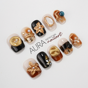 AuraNail 纯手工穿戴甲2025秋冬高级感老钱风复古雕花 中古黑金