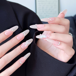 高级感仙气蝴蝶碎钻 纯手工穿戴甲2025中长款 AuraNail 冰晶蝴蝶