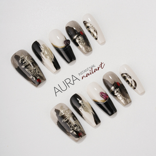 高级感生财美甲 纯手工穿戴甲2025小众中长款 AuraNail 复古老钱