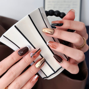 高级感秋冬复古晕染 纯手工穿戴甲2025中长款 AuraNail 复古金棕