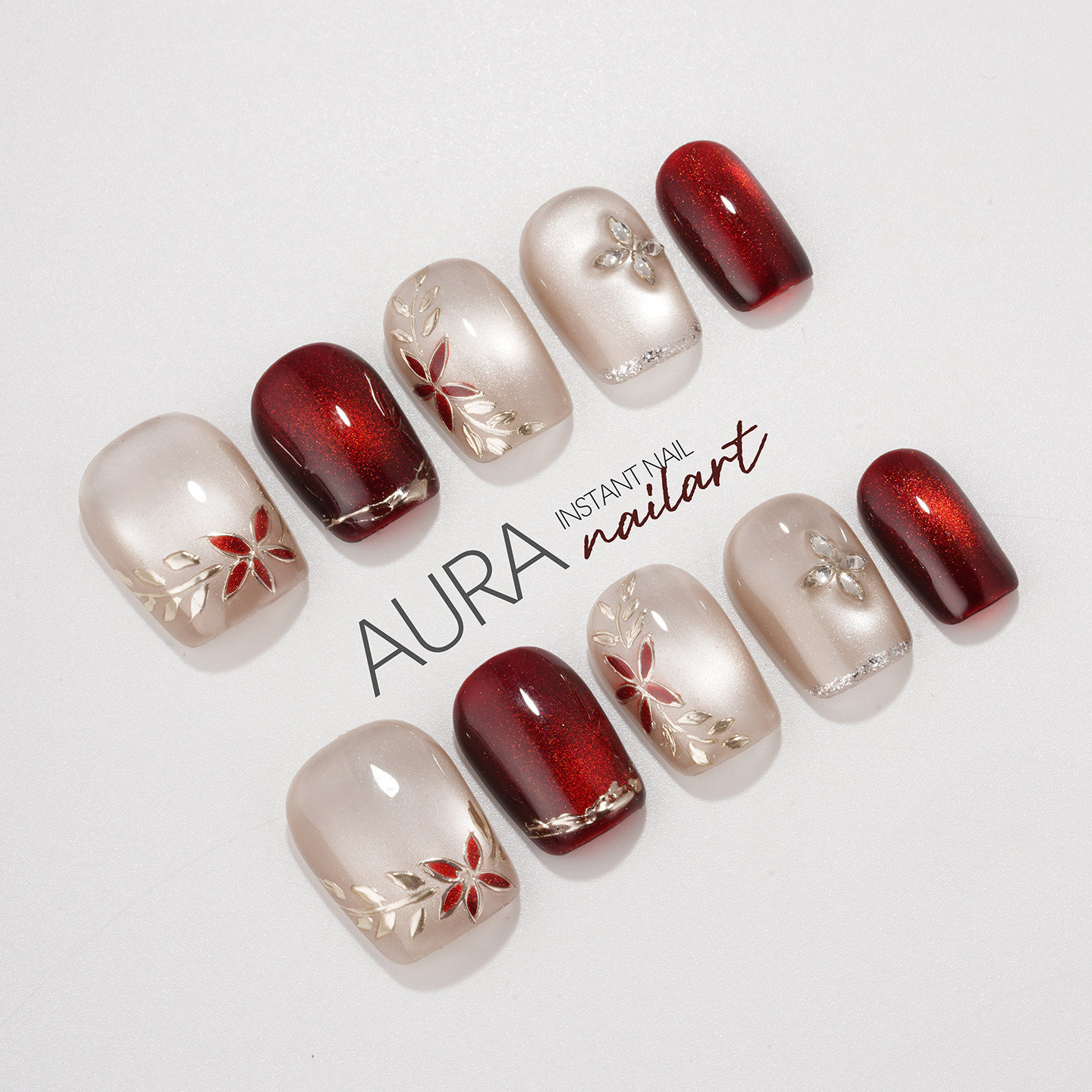 AuraNail【锦绣未央】纯手工穿戴甲2026鎏金珐琅红色玻璃珠猫眼,彩妆/香水/美妆工具,穿戴甲/甲片,淘宝优惠券,粉丝福利购,淘宝优惠卷